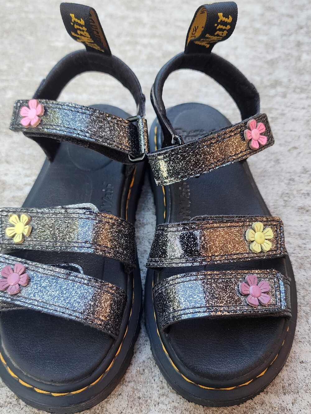 Dr. Martens Kids Klair Sandals, Black Glitter Floral Girl Size 12